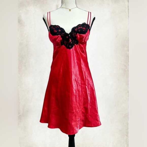 Victoria's Secret Other - Vintage Gold Label Victoria's Secret Red Satin Chemise with Black Lace Trim